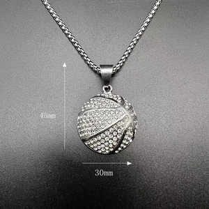 Hip hop style basketball pendant necklace with silver finish and white rhinestones