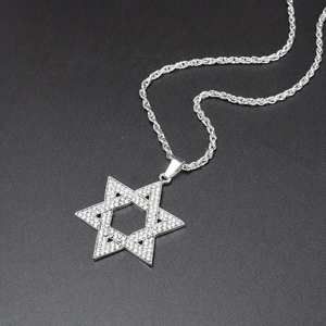 Hip hop silver stainless steel hexagram pendant necklace with sparkling micro zircons