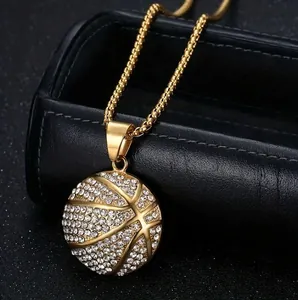 Gold basketball pendant necklace with cubic zirconia studs and elegant square box chain
