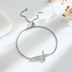 Fashion Alloy Cross Bolo Bracelet For Men Women Adjustable Rhinestone Inlaid Box Chain Hand Jewelry Minimalist Daily Gift