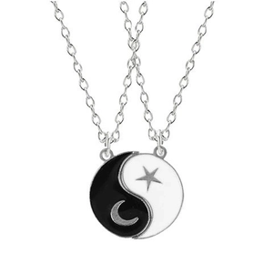 Matching star and moon tai chi necklaces with black and white drip oil pendants