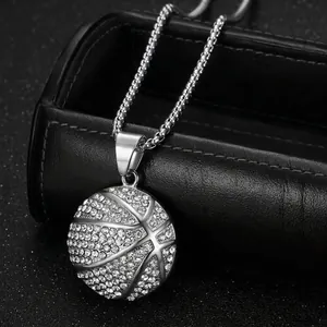 Hip hop style basketball pendant necklace with silver tone crystals and box chain
