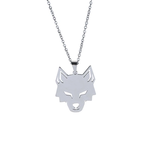 Minimalist stainless steel wolf head pendant necklace with hollow design on white background
