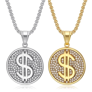 Collier Pendentif Rond Signe Dollar Hip Hop en Acier Inoxydable Alliage Incrusté de Strass Bijoux Cadeau pour Hommes Femmes
