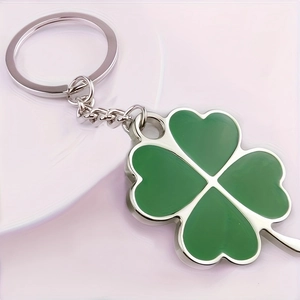 Lucky four-leaf clover keychain with green enamel finish on silver stainless steel chain