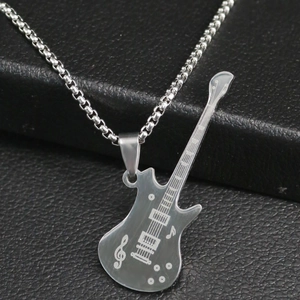 Collier Pendentif Guitare Électrique en Alliage pour Homme Hip Hop Rock Thème Notes de Musique Incrusté de Strass Bijoux Argent Noir