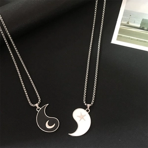 Star and moon Yin Yang pendant necklaces with black and white drip oil on box chains