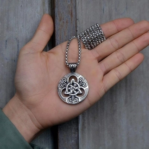 Silver stainless steel Celtic knot round pendant necklace with thick chain link design