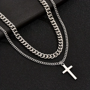 Men's double layer stainless steel cross pendant necklace with silver Cuban chain