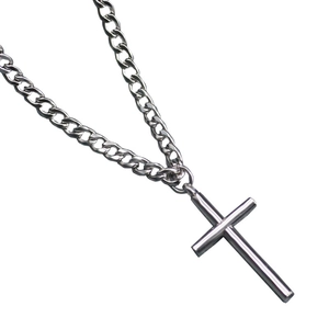 Minimalist silver stainless steel cross pendant necklace with classic Cuban link chain for men