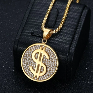 Collier hip hop plaqué or avec pendentif dollar serti de pierres brillantes