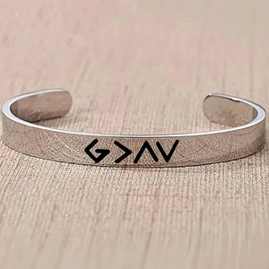 Minimalist Stainless Steel Open Cuff Bangle For Men Engraved Geometric Religious Symbols God Is Greater Jewelry Gift