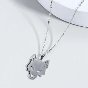 Brushed stainless steel wolf head pendant necklace with geometric cutout design