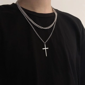 Double-layered silver stainless steel curb chain with minimalist cross pendant necklace
