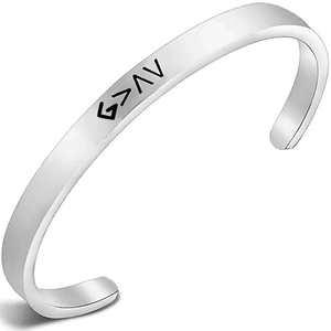 Silver stainless steel C-shaped cuff bracelet with God is Greater engraved symbols