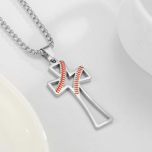 Stainless steel cross necklace featuring unique baseball stitching design on a white background