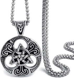 Detailed view of oxidized silver Celtic knot pendant on a classic box chain necklace