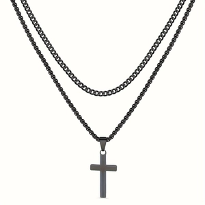 Double-layered black stainless steel Cuban chain necklace with minimalist cross pendant