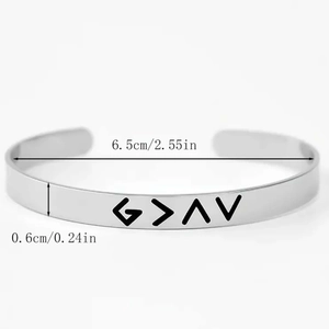 Polished stainless steel C-shaped open cuff bracelet with engraved religious symbols