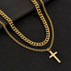 Stainless Steel Double Layer Cross Pendant Necklace Cuban Link Chain Trendy Hip Hop Streetwear Jewelry For Men Women