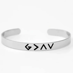 Minimalist silver stainless steel C-shaped open bracelet with G > ^ V engraving