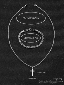 Silver cuban twist chain necklace set with cross pendant and bracelet size details