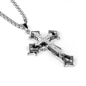 Zweilagige Kreuz-Halskette in Silber mit Strasssteinen und eleganter Edelstahl-Perlenkette