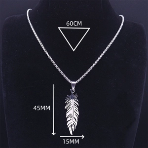 Polished stainless steel feather pendant necklace with 60cm chain for men and women