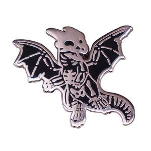 Cute cartoon skeleton dragon enamel pin brooch with black finish and silver metal details