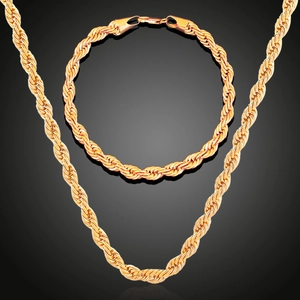 18K Gold Plated Copper Rope Chain Jewelry Set For Men Women Twisted Necklace And Bracelet Set Hip Hop Fashion Accessories