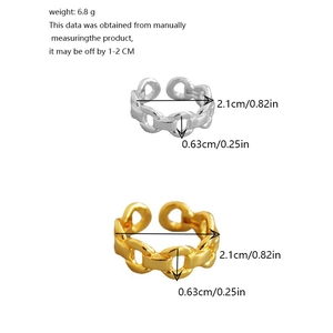 Minimalist gold and silver cuban chain link open rings with detailed size measurements
