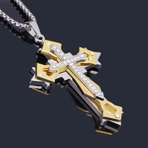 Zweifarbige mehrlagige Kreuz-Halskette mit Strasssteinen an silberner Box-Kette