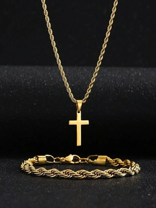 Detail of gold-plated hip-hop jewelry set featuring a rope chain and cross pendant