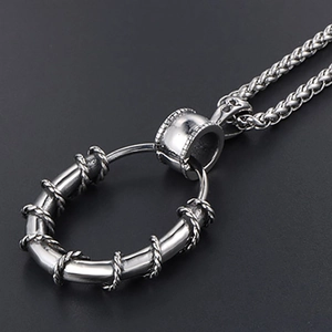Industrial Style Alloy Twisted Rope Circle Ring Pendant Necklace Goth Punk Jewelry For Men Women Silver Tone Wheat Chain