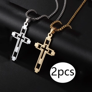 Hip Hop Stainless Steel Cross Pendant Necklace Hollow Double Layer Punk Trendy Jewelry For Men Women Gold Silver Finish