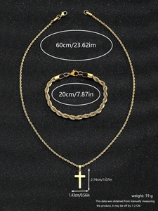 Detailed dimensions of gold twist rope chain necklace and cross pendant set for men
