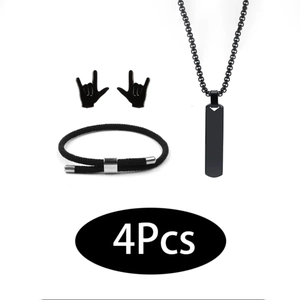 Parure de Bijoux 4 Pièces en Acier Inoxydable Homme Femme Noir Collier Pendentif Rectangle Boucles d'Oreilles Geste Bracelet Corde
