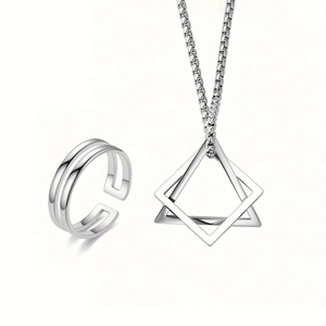 Parure de Bijoux en Acier Inoxydable Minimaliste pour Hommes Collier Pendentif Géométrique Creux Et Bague Ajustable