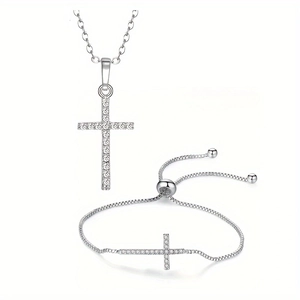Simple Silver Alloy Cross Pendant Necklace And Bracelet Set Adjustable Rhinestone Religious Fashion Jewelry For Unisex