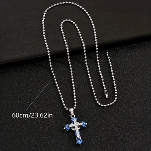 Mehrlagige Kreuzkette in Blau und Silber mit Strasssteinen und 60 cm langer Perlenkette