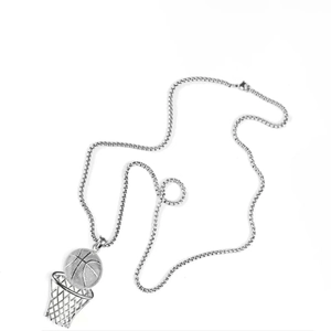 Hip hop silver basketball hoop pendant necklace set with intricate chain details on white back