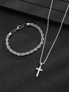 Silver-toned twist rope chain set with minimalist cross pendant and matching bracelet