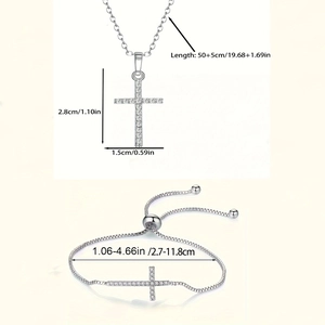 Minimalist silver cross necklace and adjustable cubic zirconia bracelet jewelry set