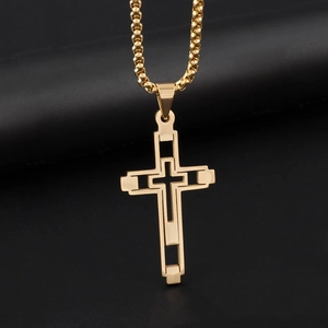 Two-piece gold-plated stainless steel hollow cross pendant necklaces with box chain set