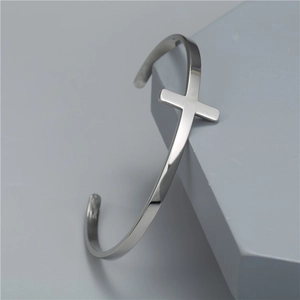 Bracelet jonc croix minimaliste en acier inoxydable poli pour couples finition argent
