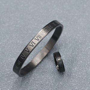 Detailed view of gunmetal stainless steel bangle and ring set with Roman numerals