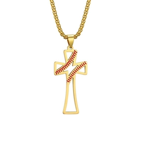 Minimalist golden stainless steel cross necklace featuring creative baseball red stitching