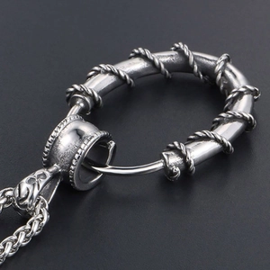 Vintage oxidized silver ring pendant necklace with thorn wire wrap design for men