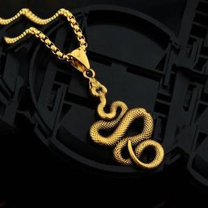 Vintage 3D snake pendant necklace for men with textured scales and golden finish