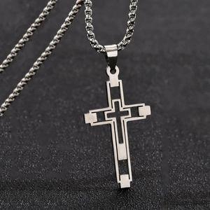 Men's hip hop 2pcs hollow cross pendant necklaces set in polished stainless steel